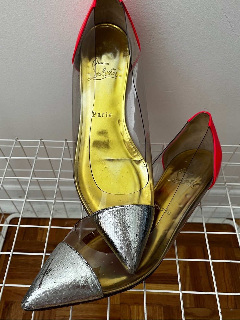 Christian Louboutin PVC flats in clear with Silver Cap and Pink Heel
